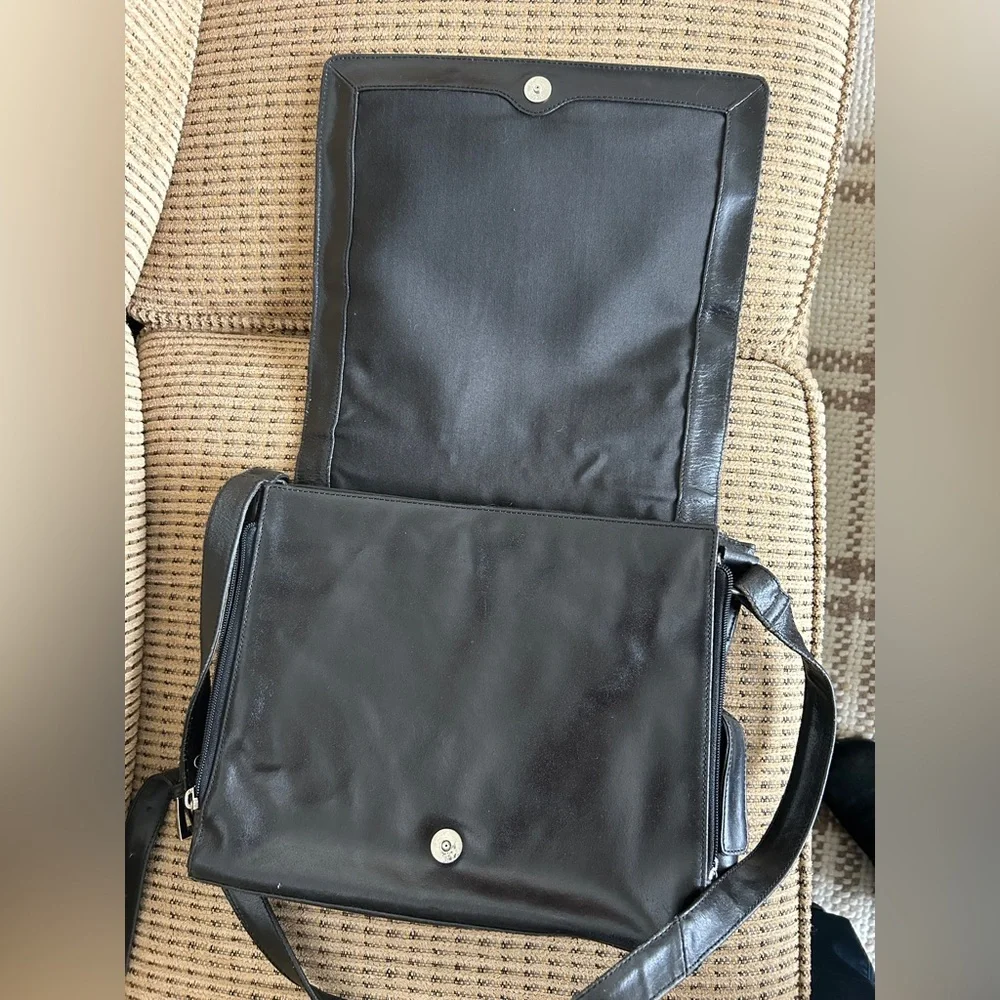 Black Leather Messenger Bag Laptop Work Crossbody Organizer